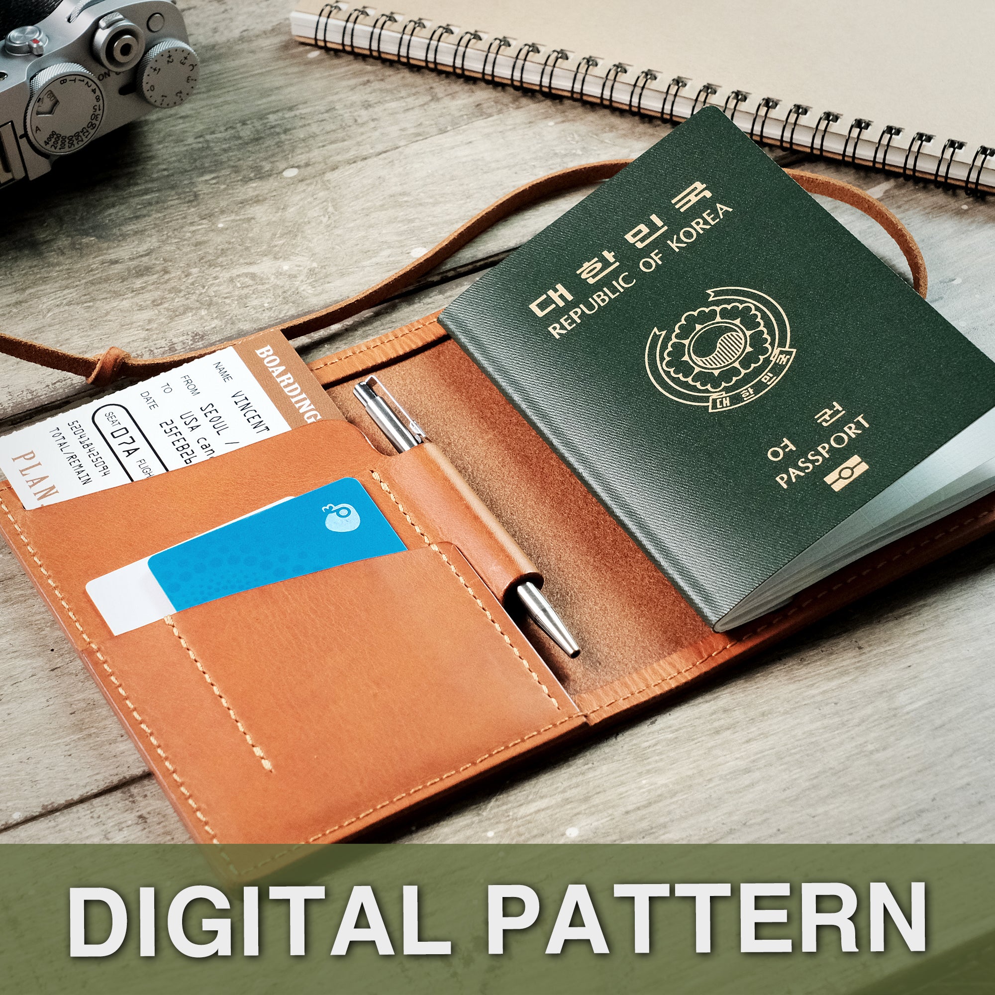 Open passport wallet with a boarding pass, passport, notes, and pen neatly stored inside.