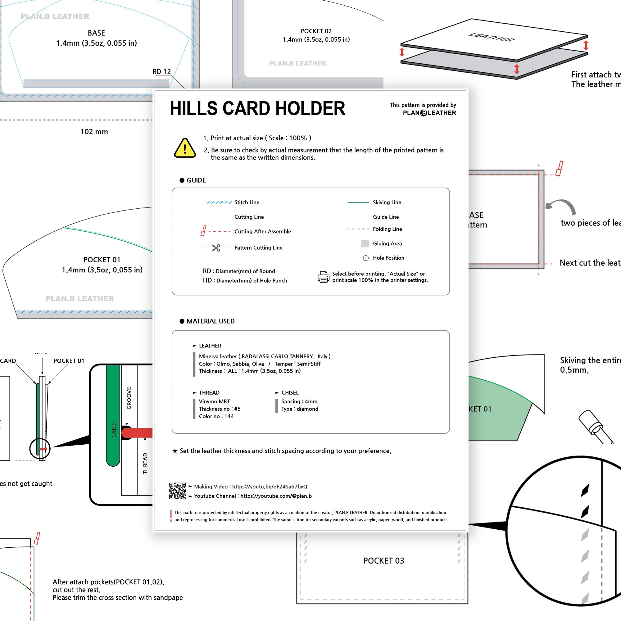 Preview of the Hills Card Holder PDF pattern, showing template layout and assembly instructions.