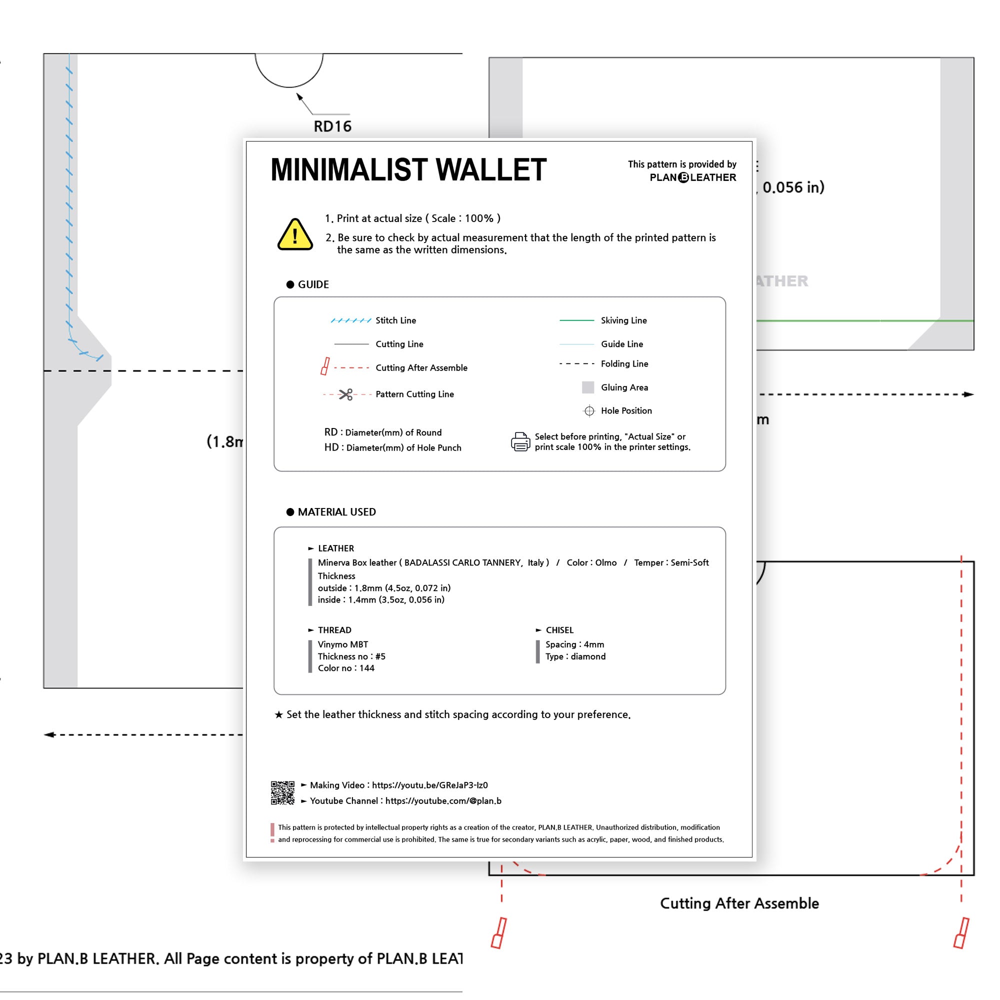 Preview of the Minimalist Wallet PDF pattern, showing template layout and assembly instructions.