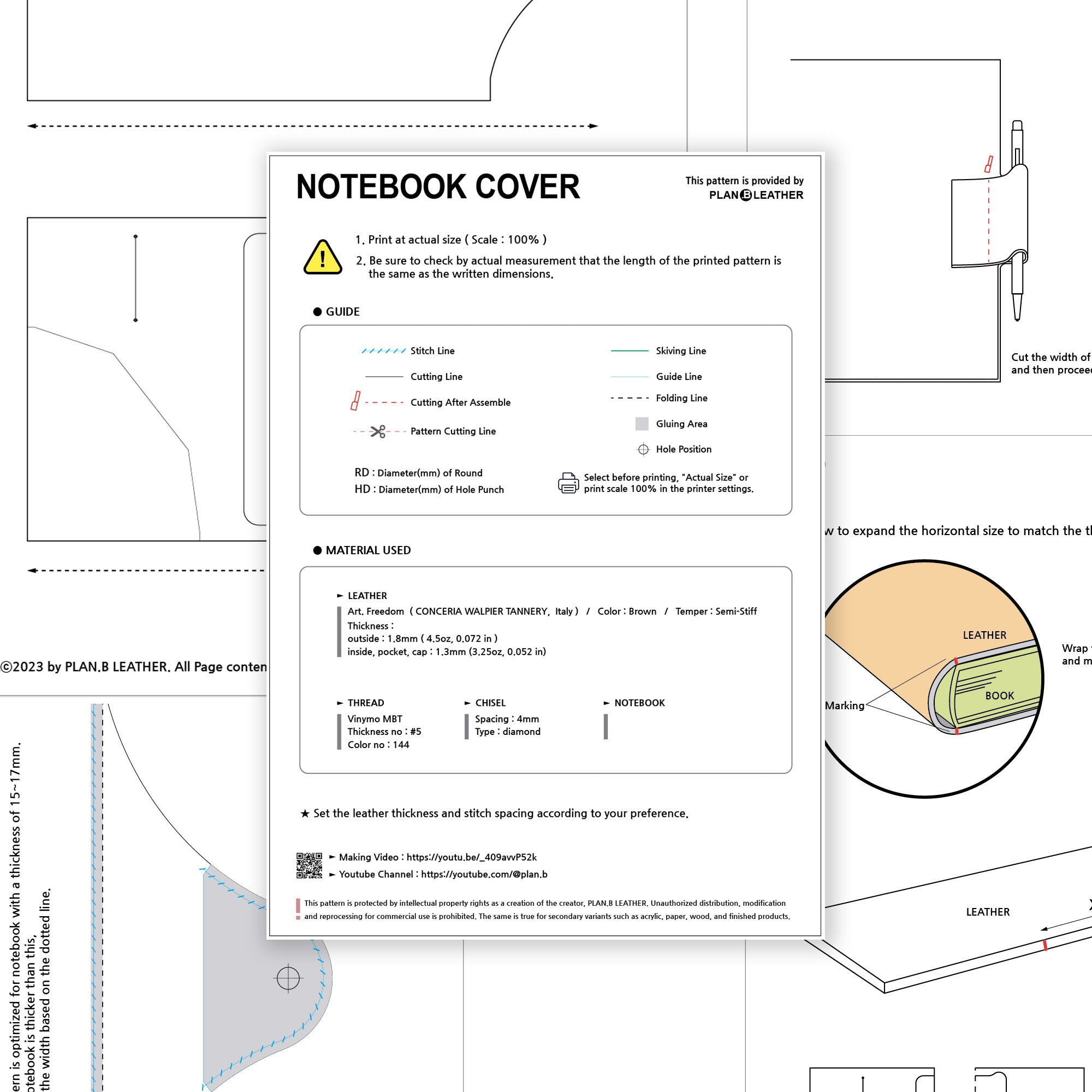 Template and instruction preview from the A5 Notebook Cover PDF pattern.