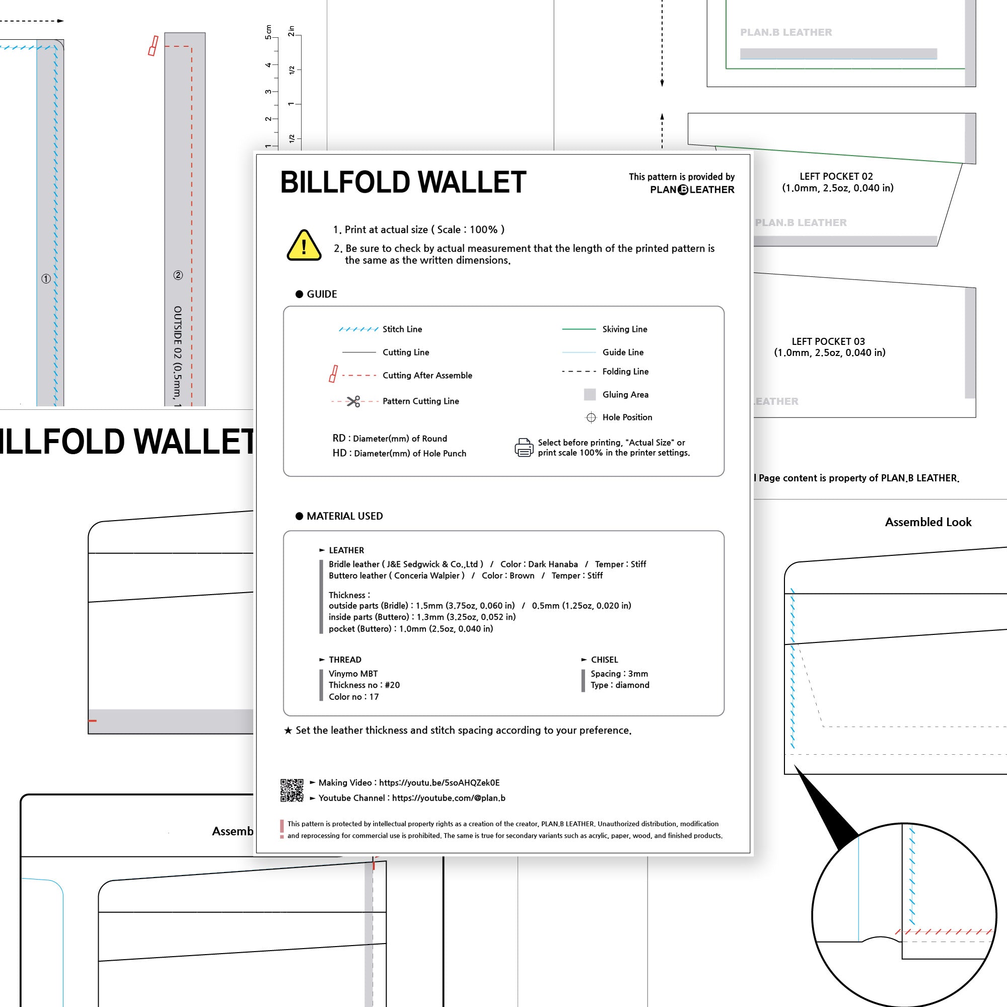 Preview of the Billfold Wallet pattern PDF, showing template layout and assembly instructions.