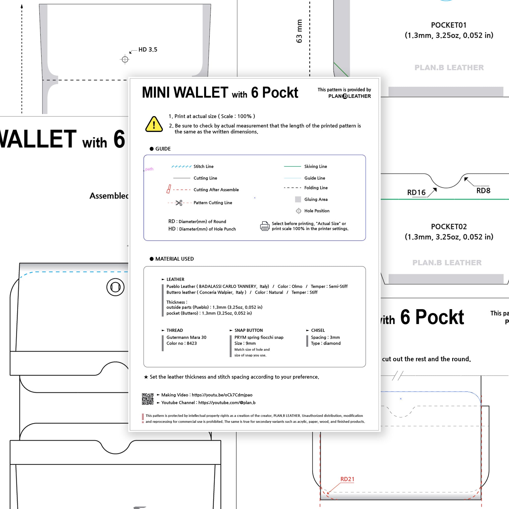 Preview of the 6 Pocket Wallet PDF pattern, showing template layout and assembly instructions.
