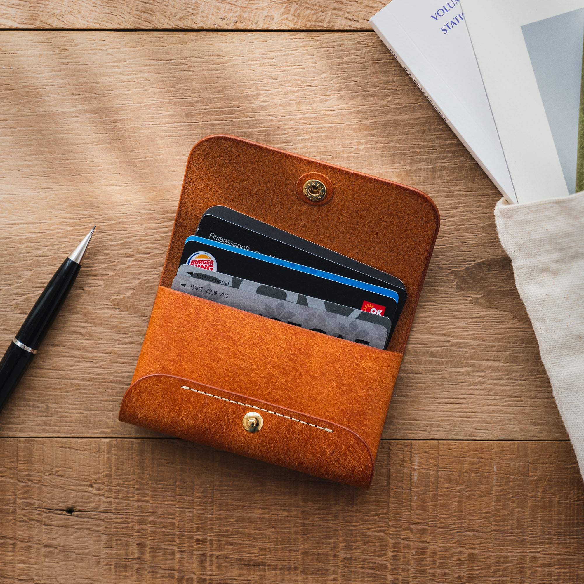 Top-down view of the open Business Card Wallet, highlighting the organized storage of credit cards.