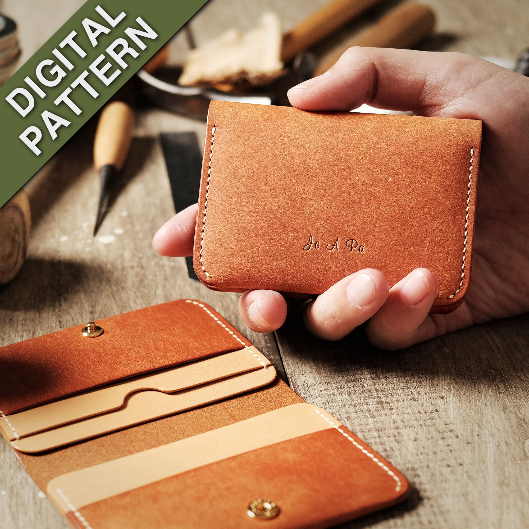 Compact 6 Pocket Wallet held comfortably in one hand, with an unfolded view displayed below.