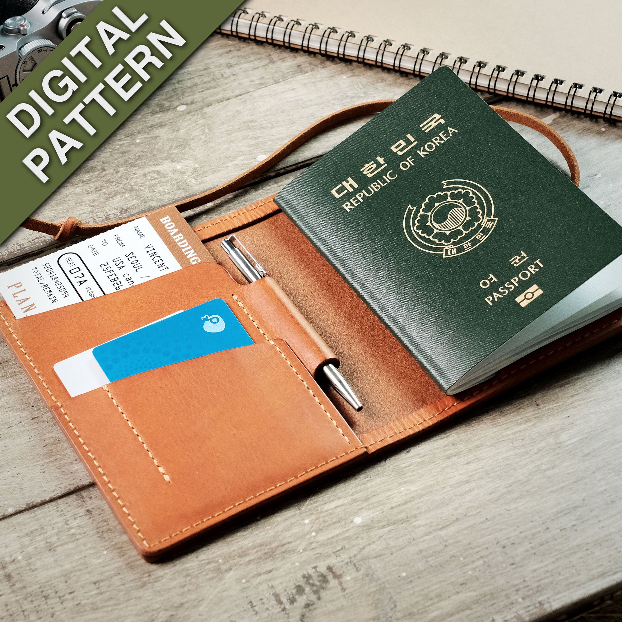 Open passport wallet with a boarding pass, passport, notes, and pen neatly stored inside.