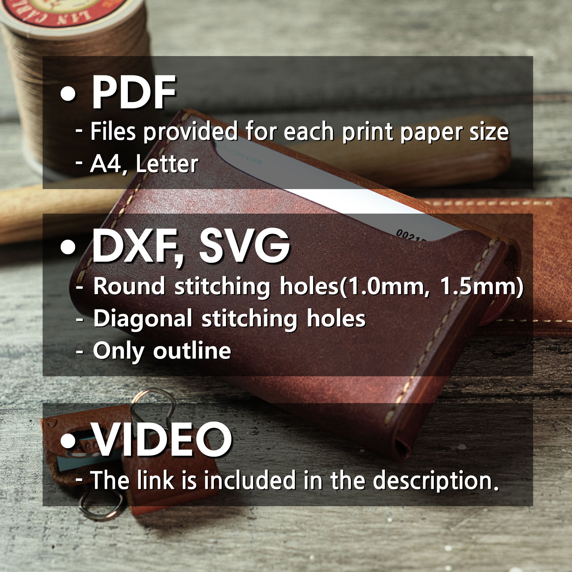 Overview of the included file formats for the Compact Plump Wallet PDF pattern, featuring templates and instructions.