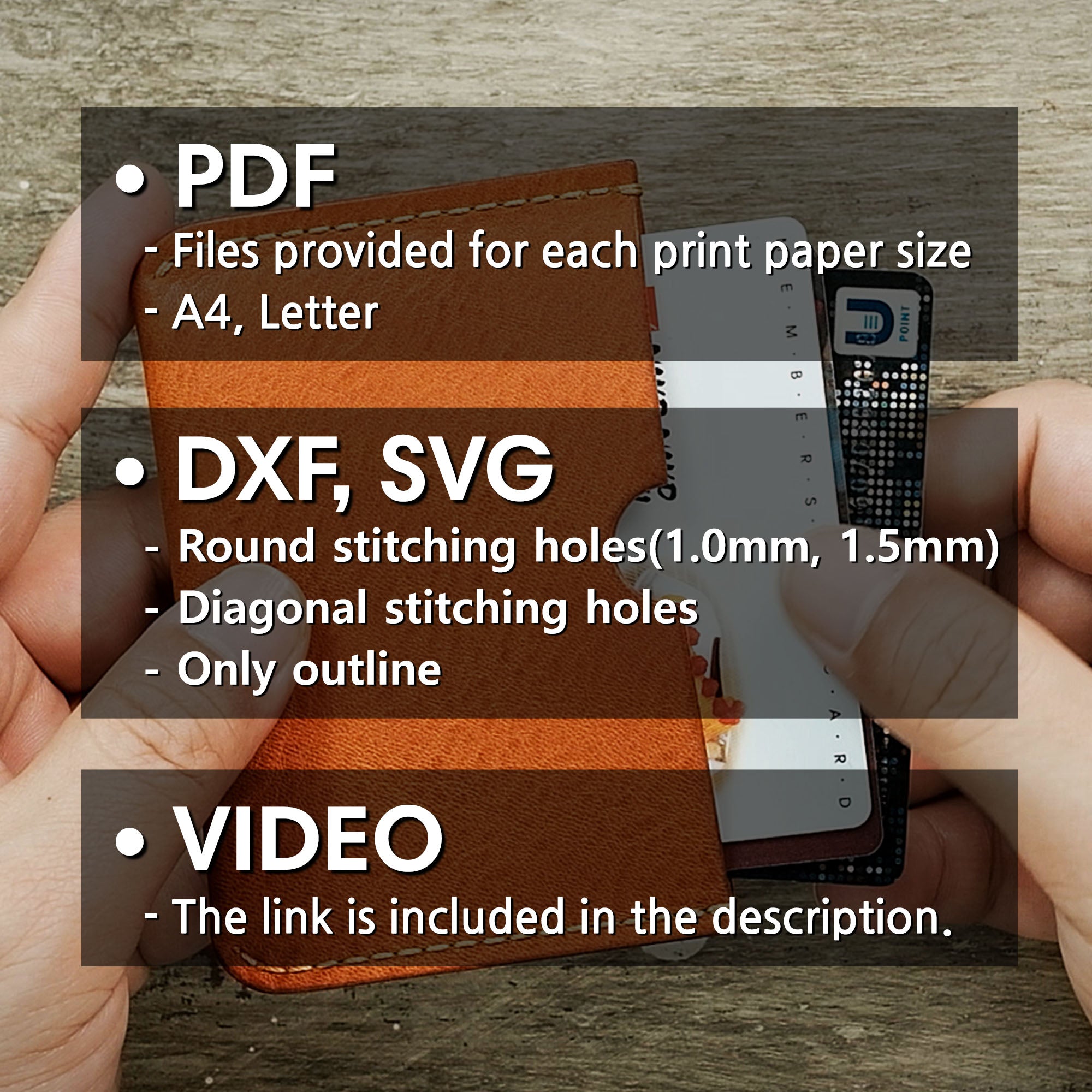 Overview of the included file formats for the Minimalist Wallet PDF pattern, featuring templates and assembly instructions.