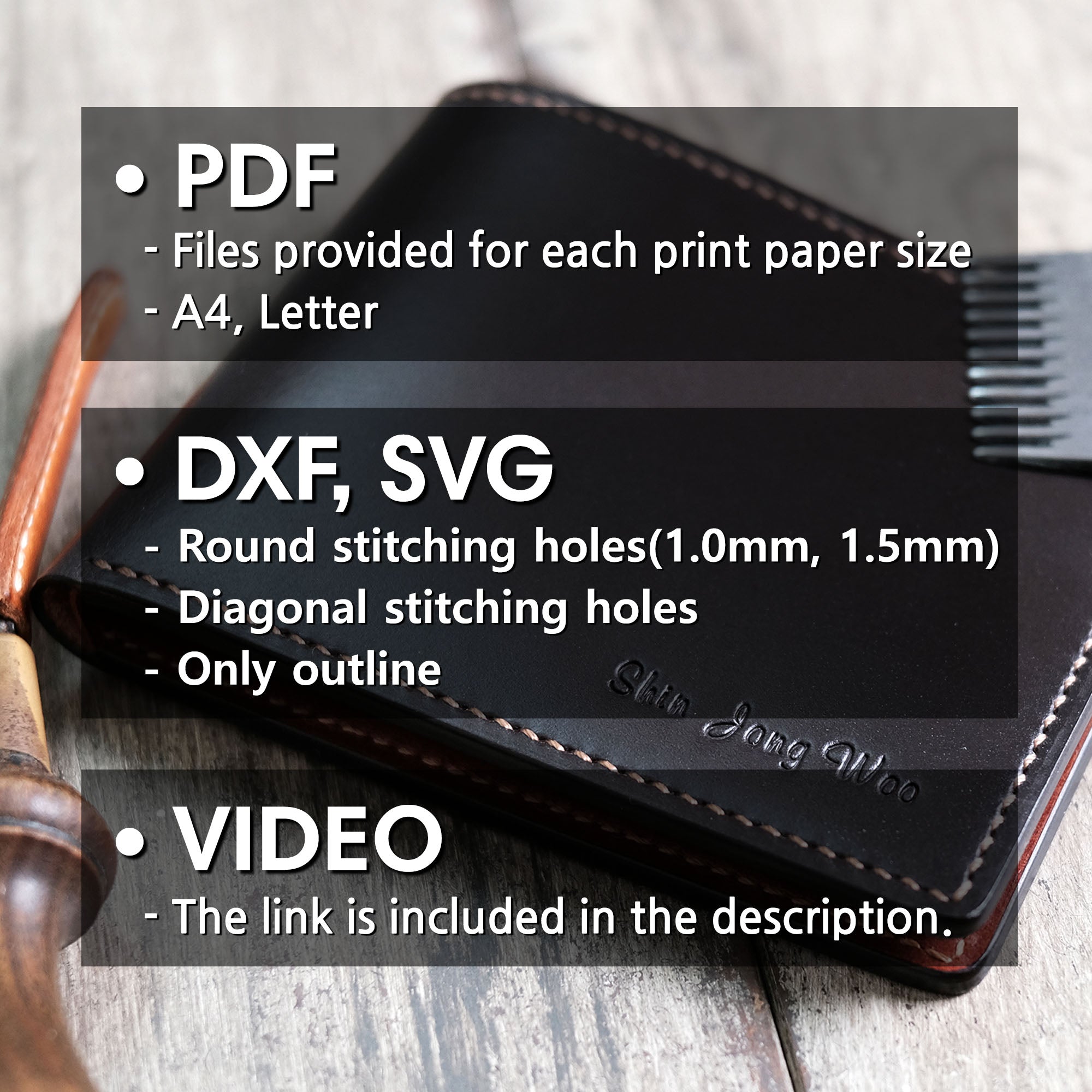 Overview of the included file formats for the Billfold Wallet PDF pattern, featuring templates and instructions.