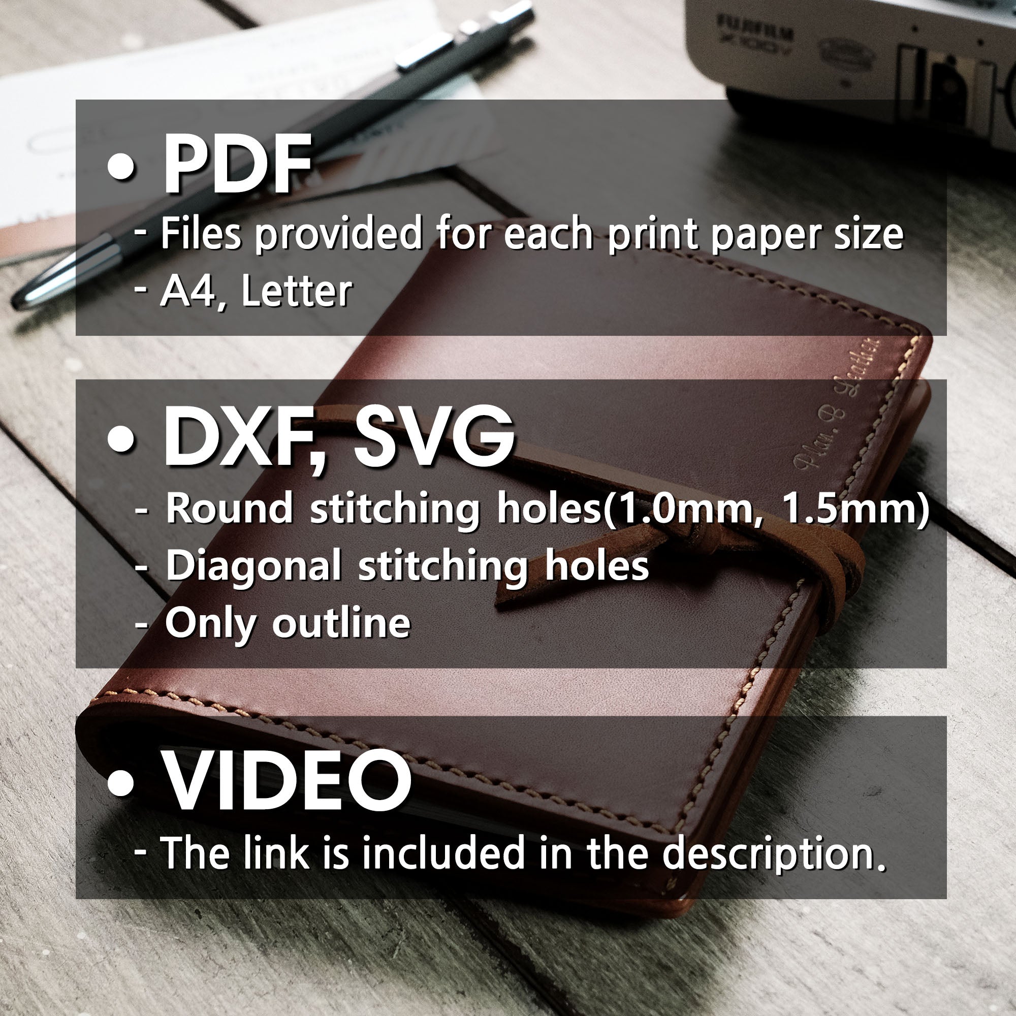 Overview of the included file formats for the passport wallet PDF pattern, featuring templates and assembly instructions.