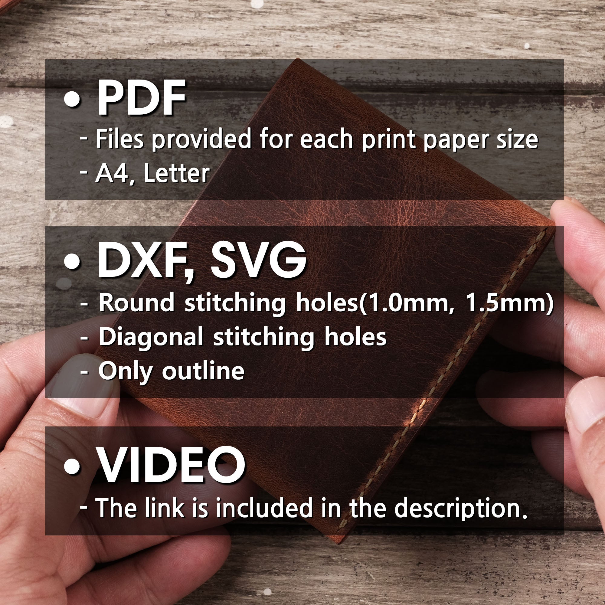 List of downloadable files included with the wallet pattern, such as cutting templates and assembly guide.