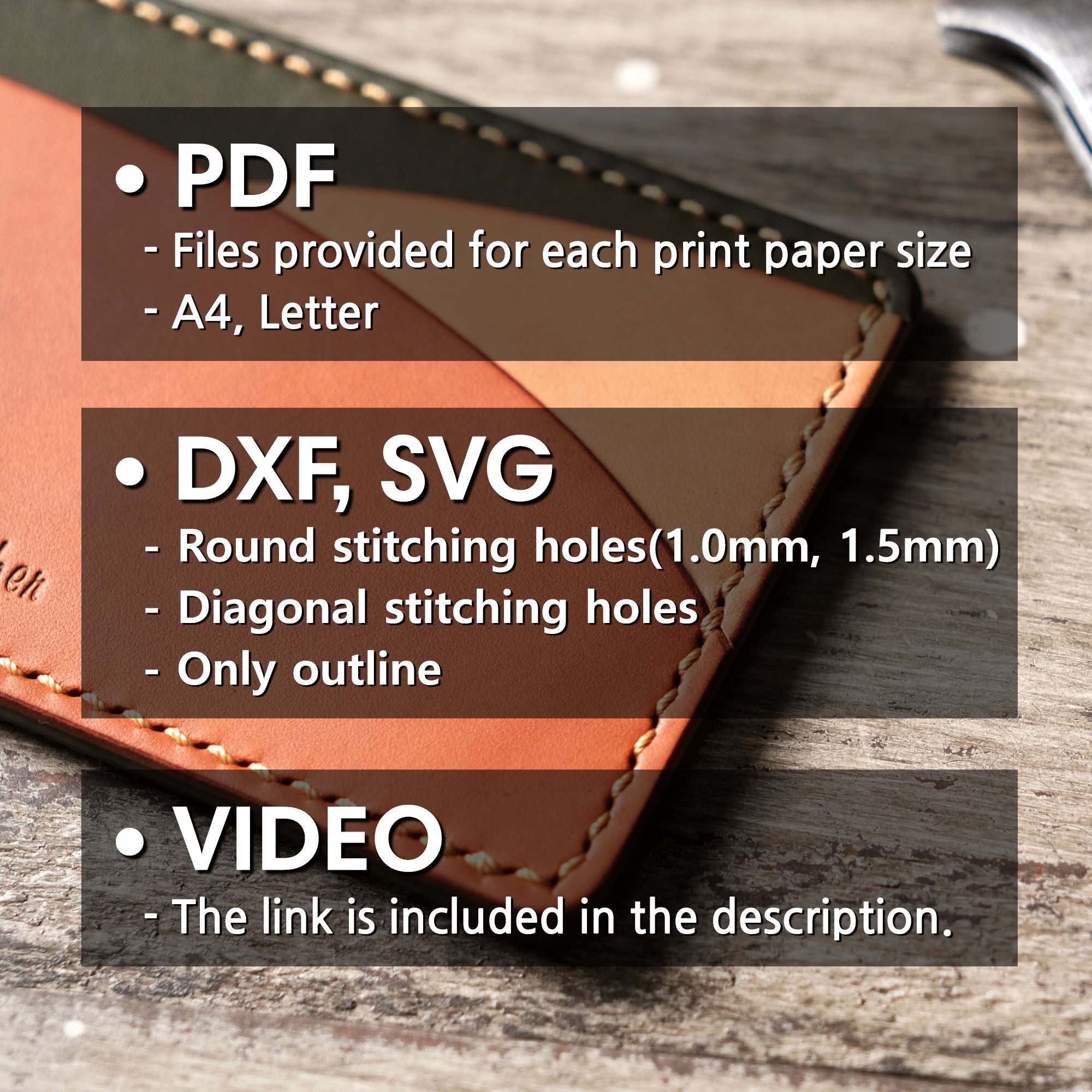 Overview of the included file formats for the Hills Card Holder PDF pattern, featuring templates and instructions.