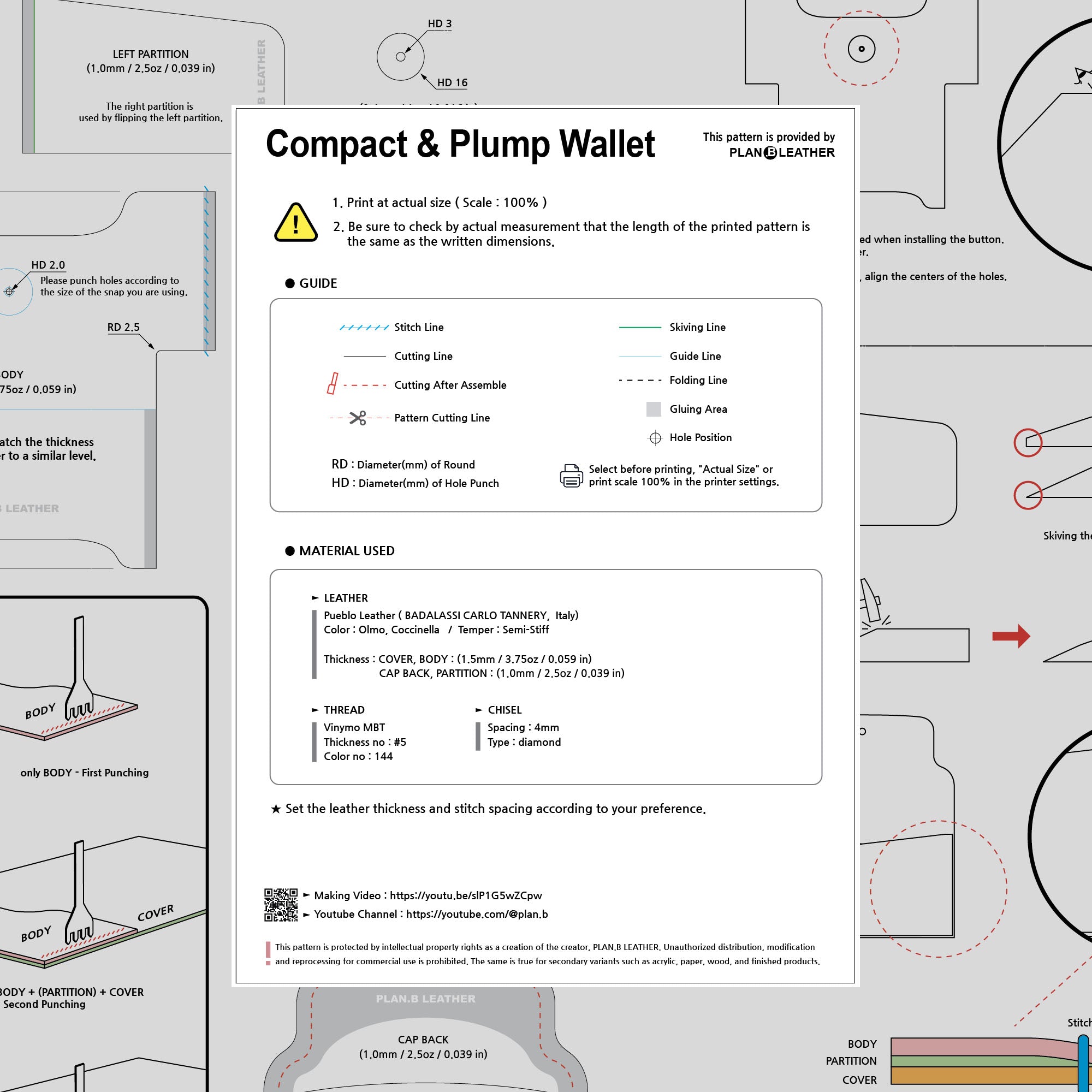 Preview of the Compact Plump Wallet PDF pattern, showing template layout and assembly instructions.