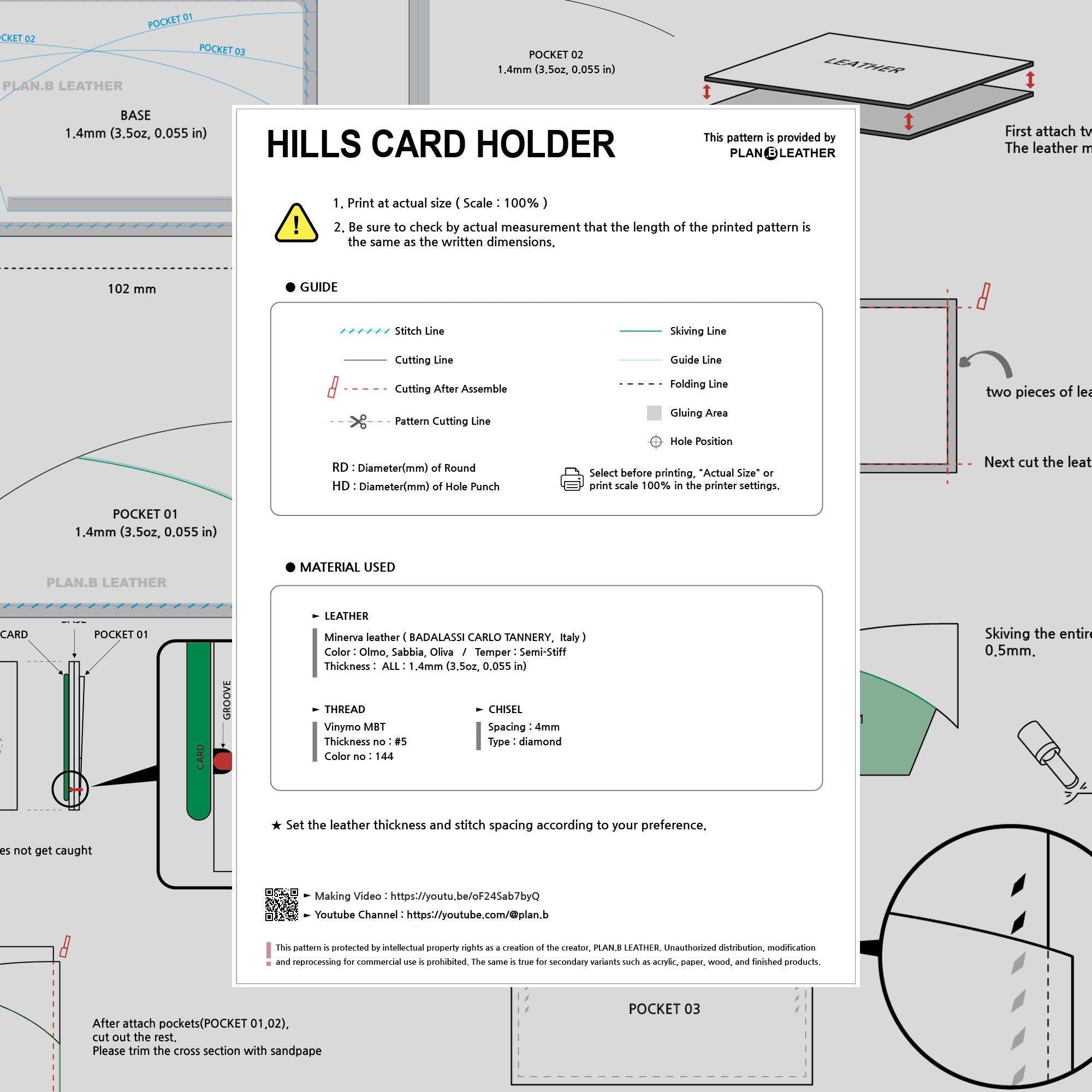 Preview of the Hills Card Holder PDF pattern, showing template layout and assembly instructions.