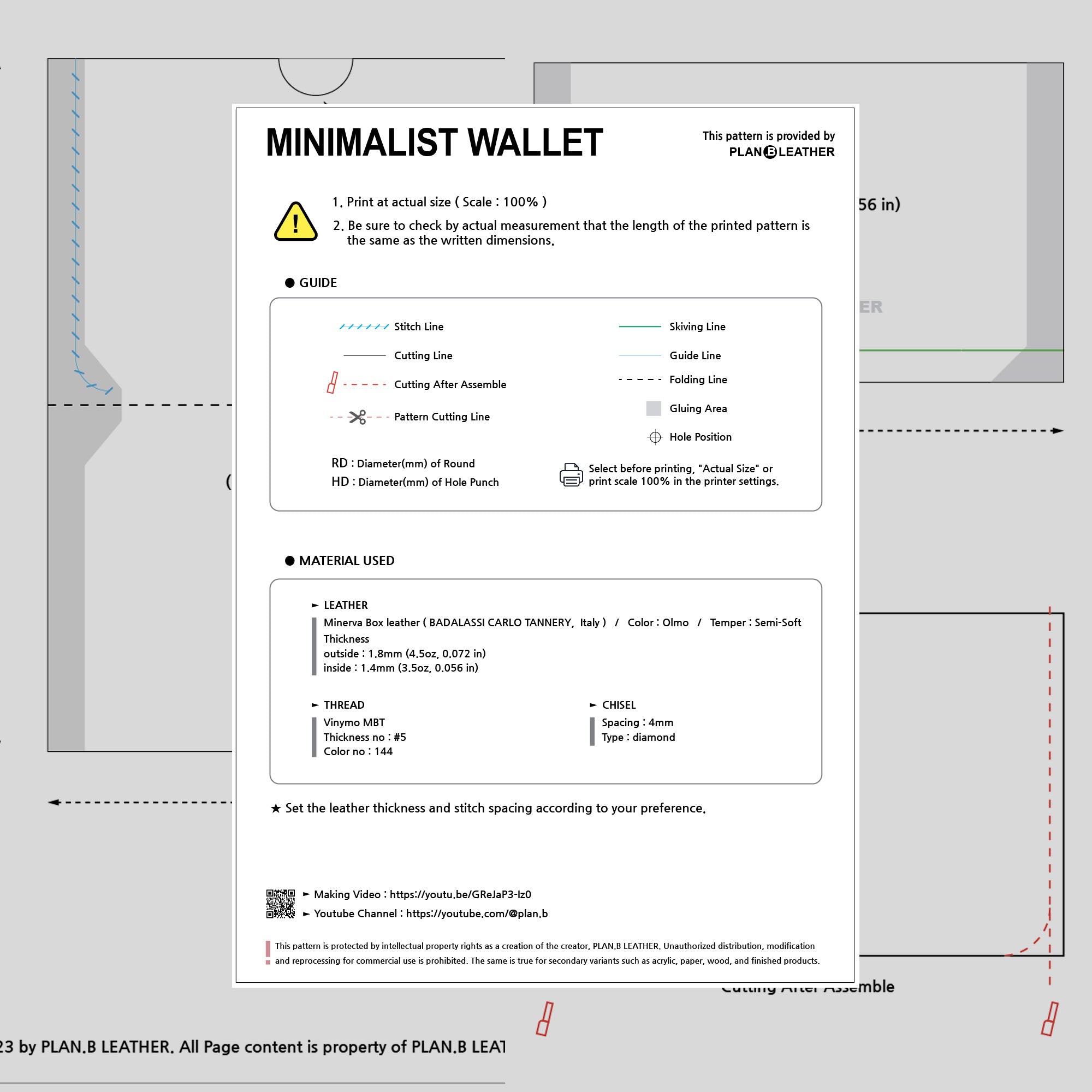 Preview of the Minimalist Wallet PDF pattern, showing template layout and assembly instructions.