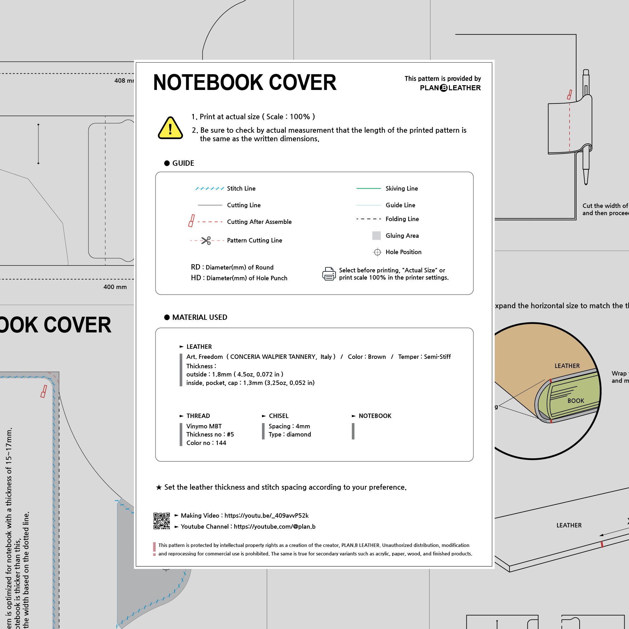 Template and instruction preview from the A5 Notebook Cover PDF pattern.