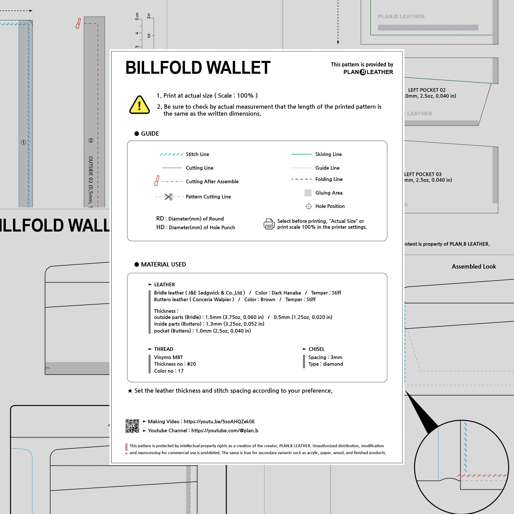 Preview of the Billfold Wallet pattern PDF, showing template layout and assembly instructions.