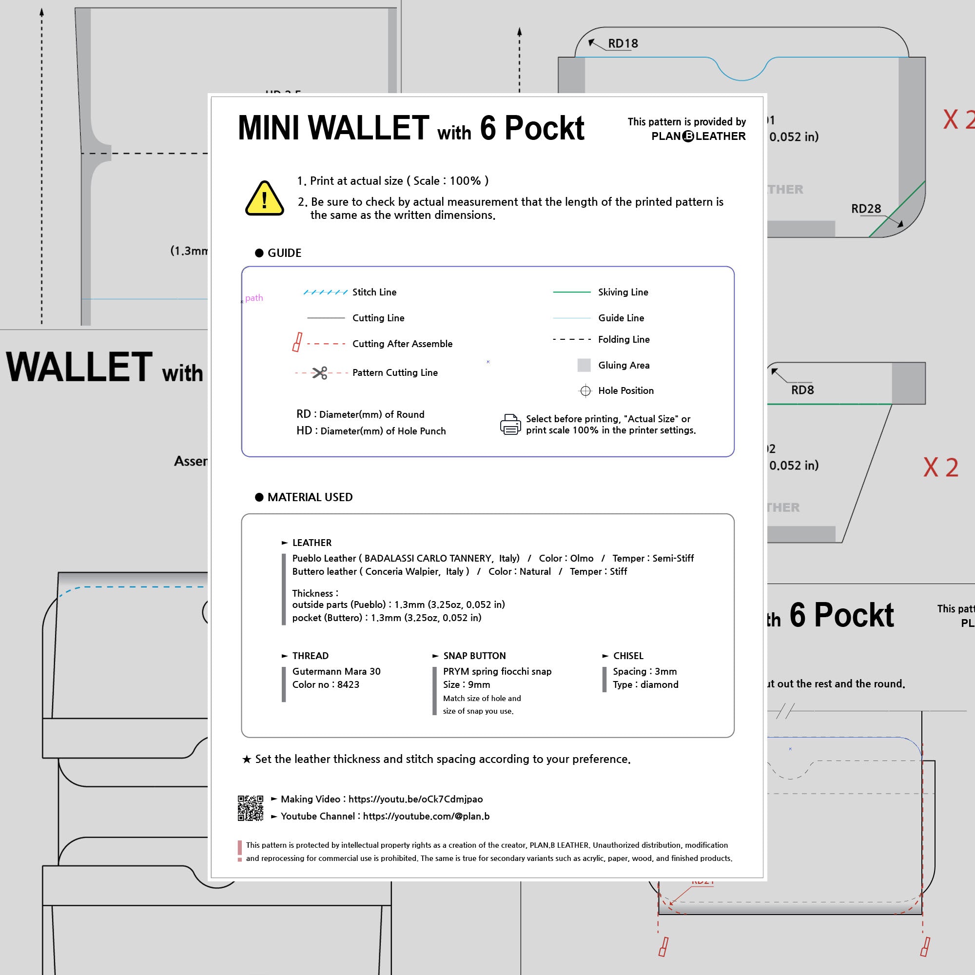 Preview of the 6 Pocket Wallet PDF pattern, showing template layout and assembly instructions.